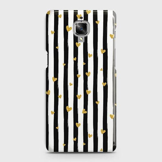 OnePlus 3 Cover - Trendy Black & White Lining With Golden Hearts Printed Hard Case with Life Time Colors Guarantee