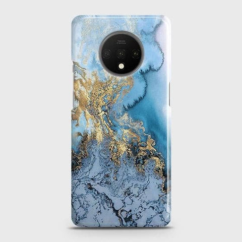 OnePlus 7T Cover - Trendy Golden & Blue Ocean Marble Printed Hard Case with Life Time Colors Guarantee