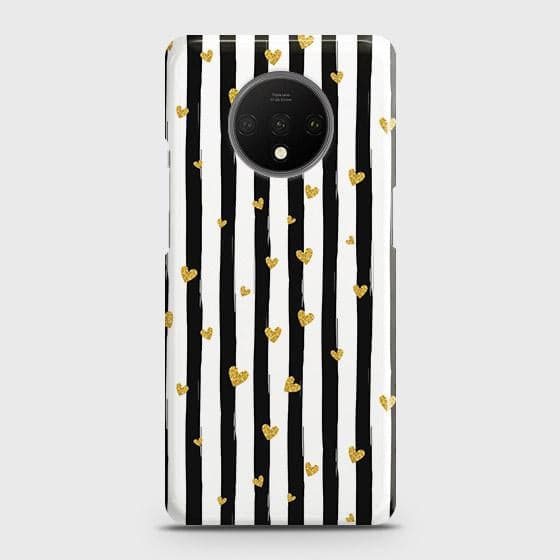 OnePlus 7T Cover - Trendy Black & White Lining With Golden Hearts Printed Hard Case with Life Time Colors Guarantee