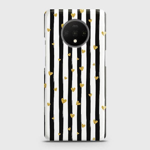 OnePlus 7T Cover - Trendy Black & White Lining With Golden Hearts Printed Hard Case with Life Time Colors Guarantee