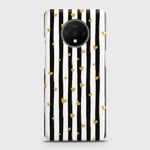 OnePlus 7T Cover - Trendy Black & White Lining With Golden Hearts Printed Hard Case with Life Time Colors Guarantee