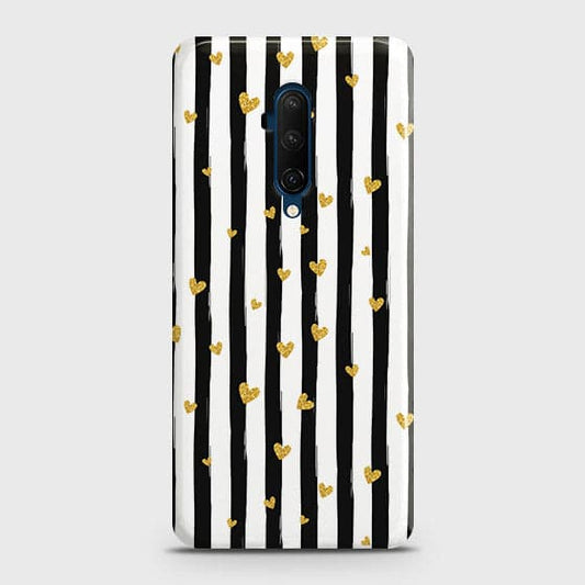 OnePlus 7T Pro Cover - Trendy Black & White Lining With Golden Hearts Printed Hard Case with Life Time Colors Guarantee(b31)