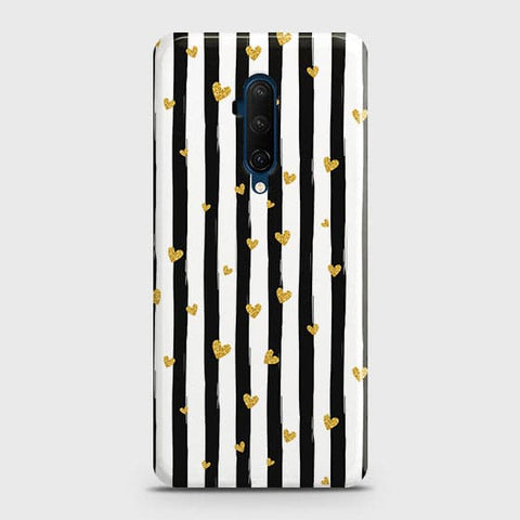 OnePlus 7T Pro Cover - Trendy Black & White Lining With Golden Hearts Printed Hard Case with Life Time Colors Guarantee(b31)