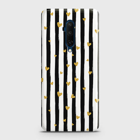 OnePlus 7 Pro Cover - Trendy Black & White Lining With Golden Hearts Printed Hard Case with Life Time Colors Guarantee(b31)