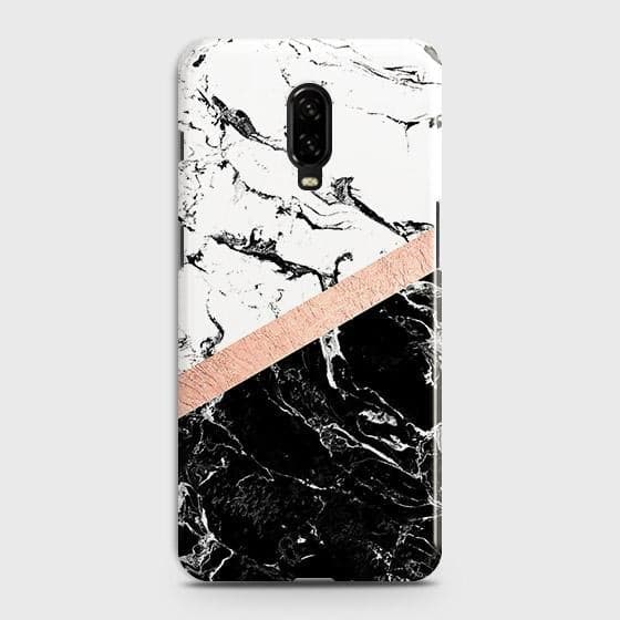 Printed Black & White Marble With Chic RoseGold Strip Case with Life Time Color Guarantee For OnePlus 7