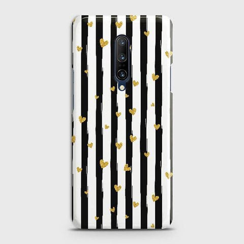 OnePlus 7 Pro Cover - Trendy Black & White Lining With Golden Hearts Printed Hard Case with Life Time Colors Guarantee ( Fast Delivery )