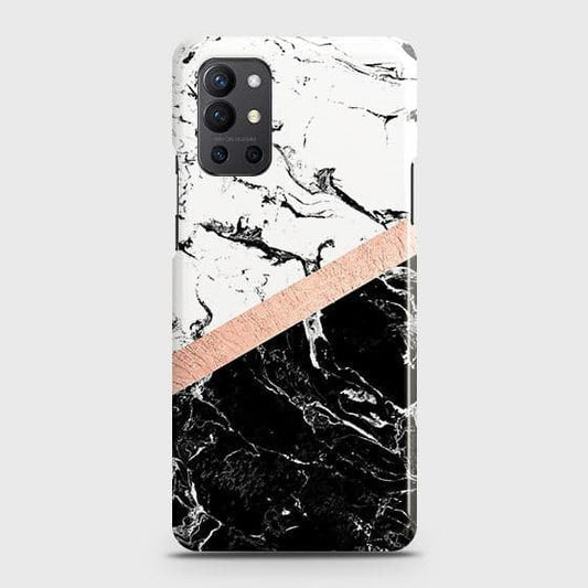 OnePlus 9R Cover - Black & White Marble With Chic RoseGold Strip Case with Life Time Colors Guarantee (Fast Delivery)