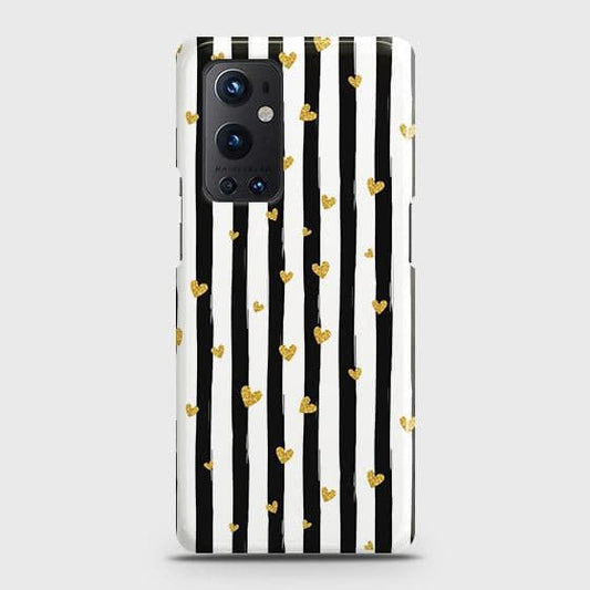 OnePlus 9 Pro Cover - Trendy Black & White Lining With Golden Hearts Printed Hard Case with Life Time Colors Guarantee