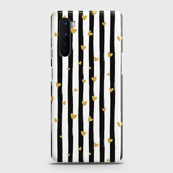 OnePlus Nord Cover - Trendy Black & White Lining With Golden Hearts Printed Hard Case with Life Time Colors Guarante