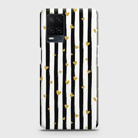 Oppo A54 4G Cover - Trendy Black & White Lining With Golden Hearts Printed Hard Case with Life Time Colors Guarantee