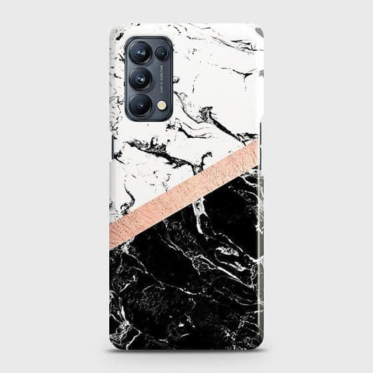 Oppo Reno 5 4G Cover - Black & White Marble With Chic RoseGold Strip Case with Life Time Colors Guarantee