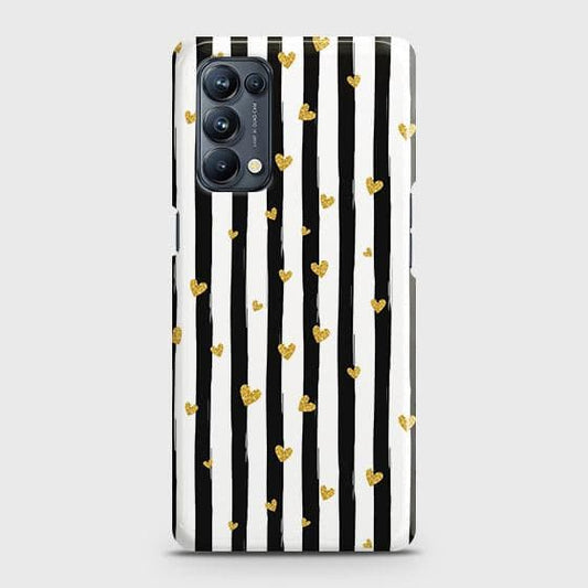 Oppo Reno 5 5G Cover - Trendy Black & White Lining With Golden Hearts Printed Hard Case with Life Time Colors Guarantee