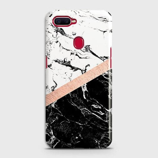 Oppo A7 Cover - Black & White Marble With Chic RoseGold Strip Case with Life Time Colors Guarantee
