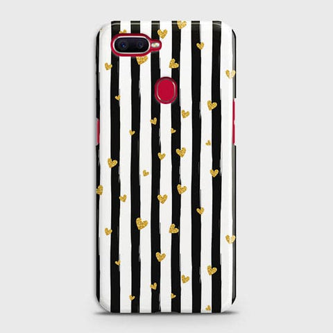 Oppo A7 Cover - Trendy Black & White Lining With Golden Hearts Printed Hard Case with Life Time Colors Guarantee