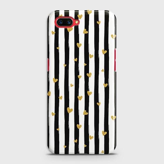Oppo A12e Cover - Trendy Black & White Lining With Golden Hearts Printed Hard Case with Life Time Colors Guarantee