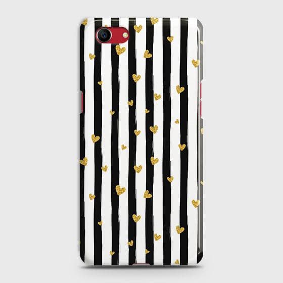 Oppo A1k Cover - Trendy Black & White Lining With Golden Hearts Printed Hard Case with Life Time Colors Guarantee