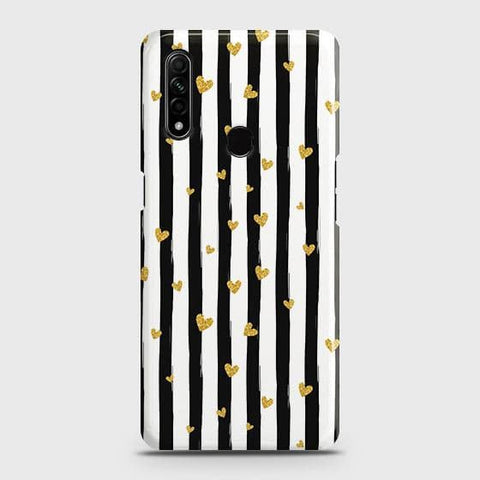 Oppo A31 Cover - Trendy Black & White Lining With Golden Hearts Printed Hard Case with Life Time Colors Guarantee