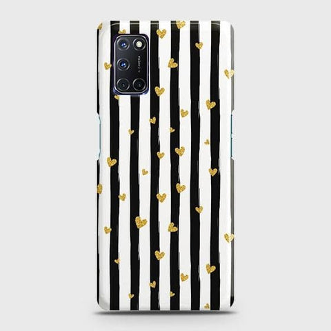 Oppo A52 Cover - Trendy Black & White Lining With Golden Hearts Printed Hard Case with Life Time Colors Guarantee