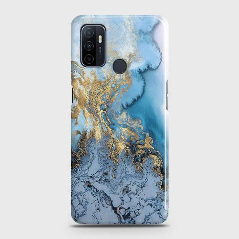 Oppo A53 Cover - Trendy Golden & Blue Ocean Marble Printed Hard Case with Life Time Colors Guarantee