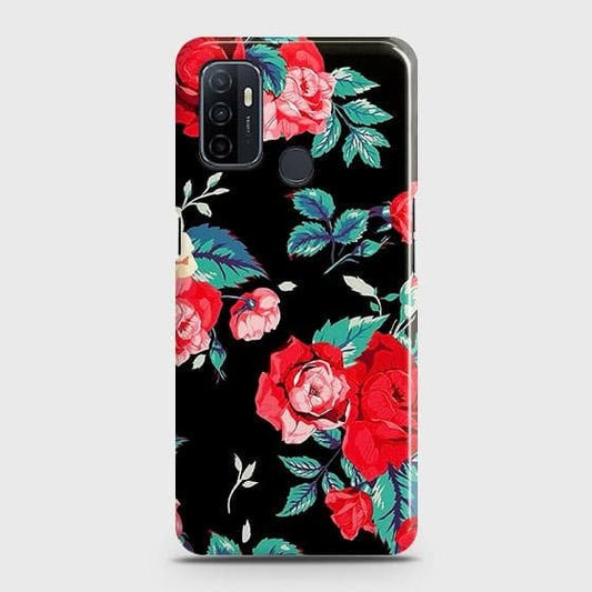 Oppo A53 Cover - Luxury Vintage Red Flowers Printed Hard Case with Life Time Colors Guarantee