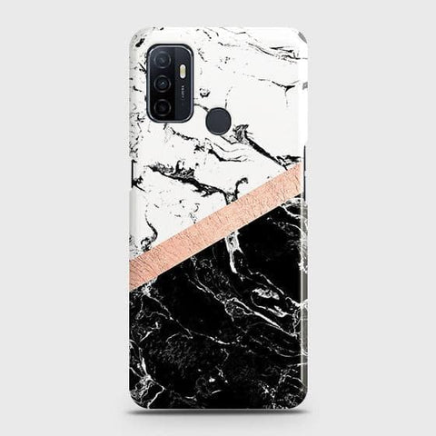 Oppo A53 Cover - Black & White Marble With Chic RoseGold Strip Case with Life Time Colors Guarantee