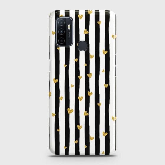Oppo A53 Cover - Trendy Black & White Lining With Golden Hearts Printed Hard Case with Life Time Colors Guarantee ( Fast Delivery )