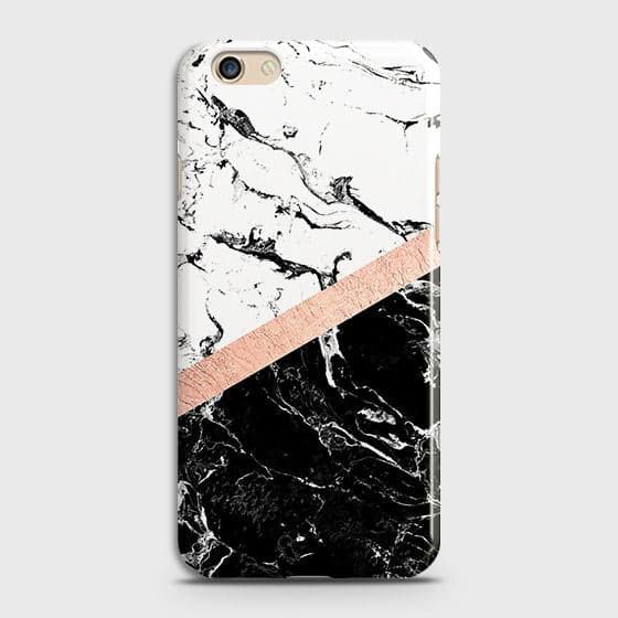Oppo A59 Cover - Black & White Marble With Chic RoseGold Strip Case with Life Time Colors Guarantee
