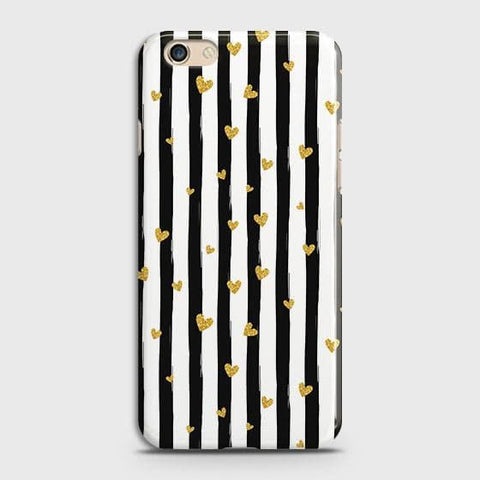 Oppo A59 Cover - Trendy Black & White Lining With Golden Hearts Printed Hard Case with Life Time Colors Guarantee