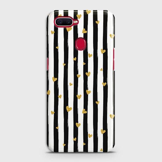Oppo A5s Cover - Trendy Black & White Lining With Golden Hearts Printed Hard Case with Life Time Colors Guarantee