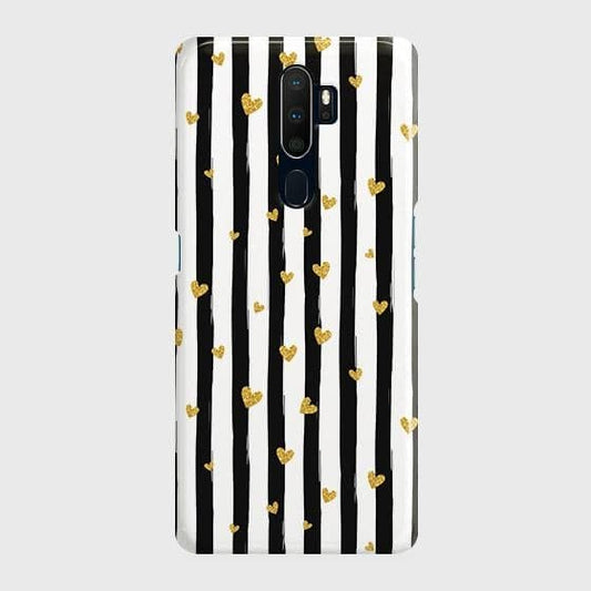 Oppo A9 2020 Cover - Trendy Black & White Lining With Golden Hearts Printed Hard Cas e with Life Time Colors Guarantee
