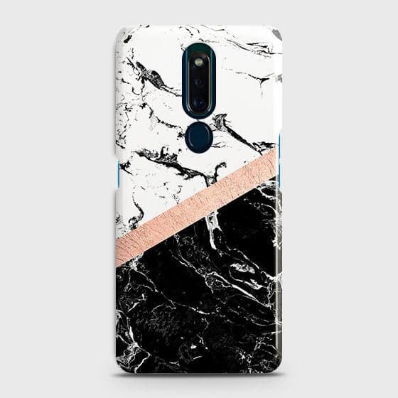 Oppo F11 Pro Cover - Black & White Marble With Chic RoseGold Strip Case with Life Time Colors Guarantee