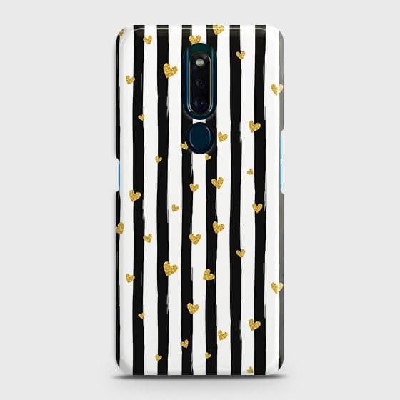 Oppo F11 Pro Cover - Trendy Black & White Lining With Golden Hearts Printed Hard Case with Life Time Colors Guarantee