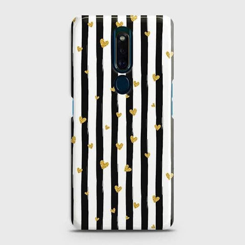 Oppo F11 Pro Cover - Trendy Black & White Lining With Golden Hearts Printed Hard Case with Life Time Colors Guarantee