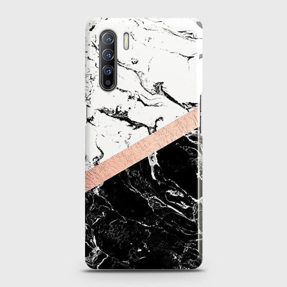 Oppo F15 Cover - Black & White Marble With Chic RoseGold Strip Case with Life Time Colors Guarantee