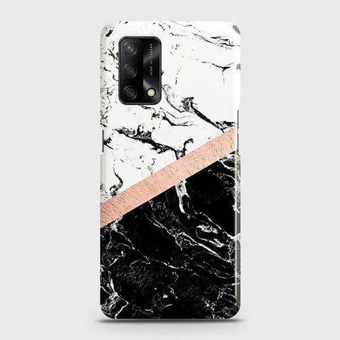 Oppo A95 4G Cover - Black & White Marble With Chic RoseGold Strip Case with Life Time Colors Guarantee