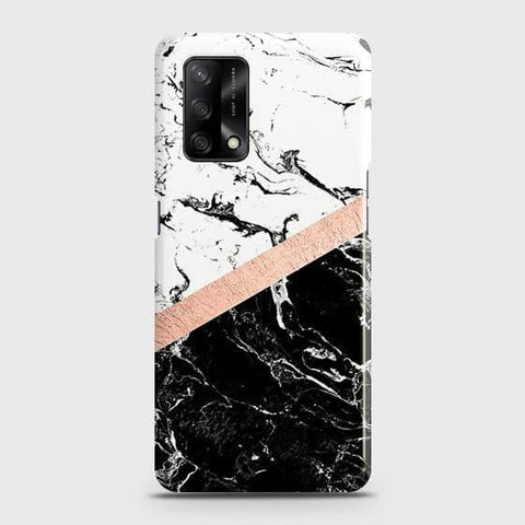 Oppo F19 Cover - Black & White Marble With Chic RoseGold Strip Case with Life Time Colors Guarantee
