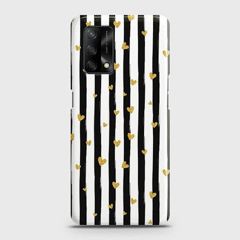 Oppo A95 4G Cover - Trendy Black & White Strips With Golden Hearts Printed Hard Case with Life Time Colors Guarantee