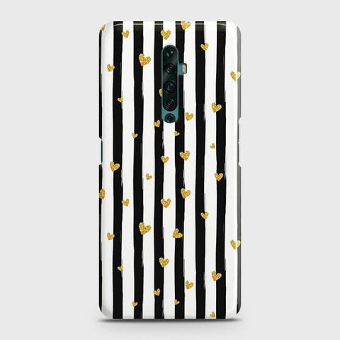 Oppo Reno 2F Cover - Trendy Black & White Lining With Golden Hearts Printed Hard Case with Life Time Colors Guarantee