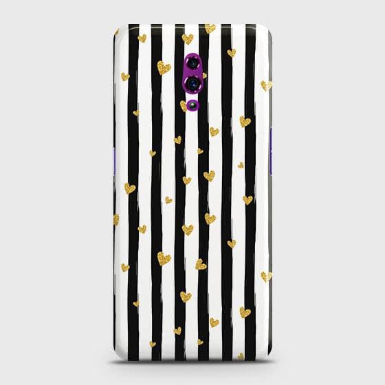 Oppo Reno Cover - Trendy Black & White Lining With Golden Hearts Printed Hard Case with Life Time Colors Guarantee ( Fast Delivery )
