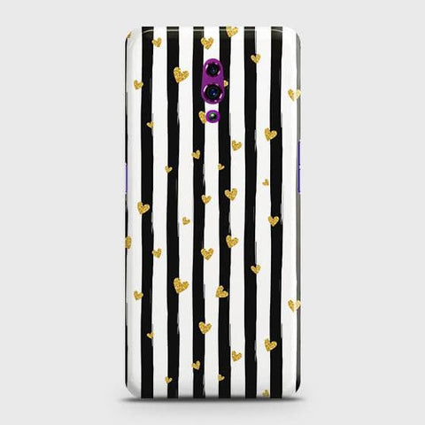 Oppo Reno Cover - Trendy Black & White Lining With Golden Hearts Printed Hard Case with Life Time Colors Guarantee ( Fast Delivery )