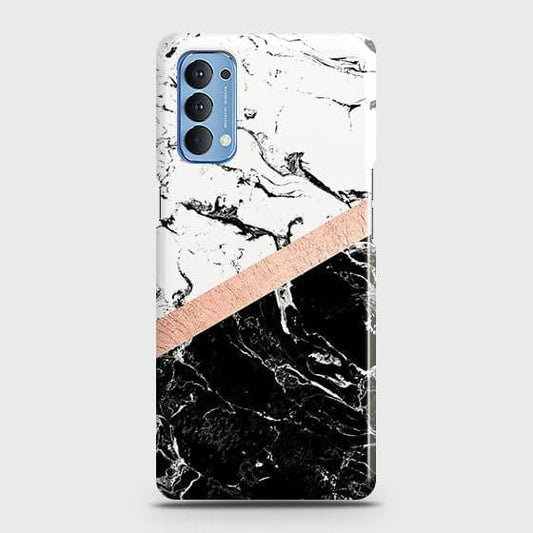 Oppo Reno 4 4G Cover - Black & White Marble With Chic RoseGold Strip Case with Life Time Colors Guarantee