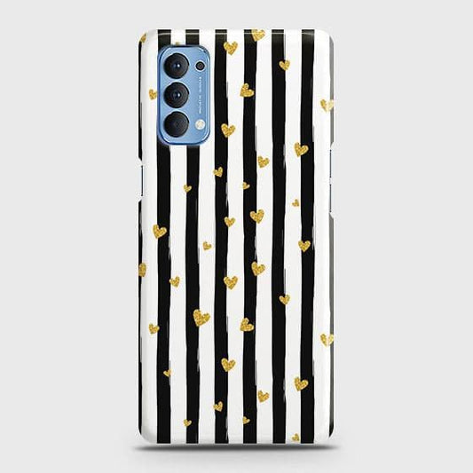 Oppo Reno 4 4G Cover - Trendy Black & White Lining With Golden Hearts Printed Hard Case with Life Time Colors Guarantee