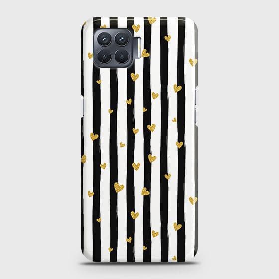 Oppo Reno 4 Lite Cover - Trendy Black & White Lining With Golden Hearts Printed Hard Case with Life Time Colors Guarantee ( Fast Delivery )