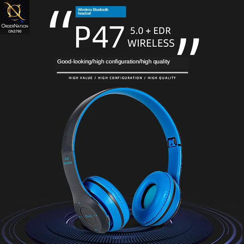 P47 Foldable Wireless Headphones 5.0 + EDR Support TF Card, MP3 Player Wireless - Blue Gray ( Wireless Headphone )