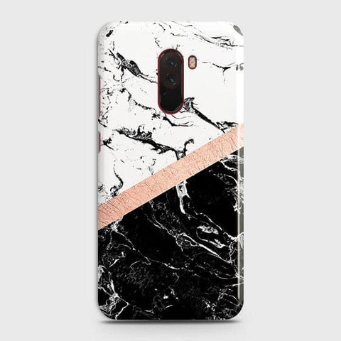 Xiaomi Pocophone F1 Cover - Black & White Marble With Chic RoseGold Strip Case with Life Time Colors Guarantee