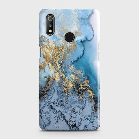 Realme 3 Cover - Trendy Golden & Blue Ocean Marble Printed Hard Case with Life Time Colors Guarantee