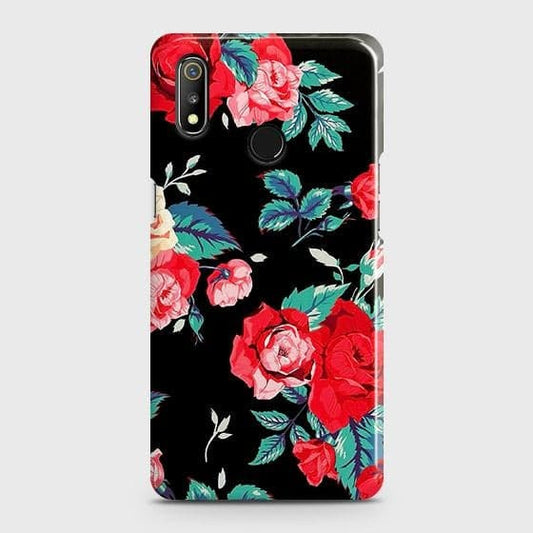 Realme 3 Cover - Luxury Vintage Red Flowers Printed Hard Case with Life Time Colors Guarantee