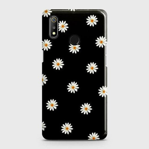 Realme 3 Cover - Matte Finish - White Bloom Flowers with Black Background Printed Hard Case with Life Time Colors Guarantee