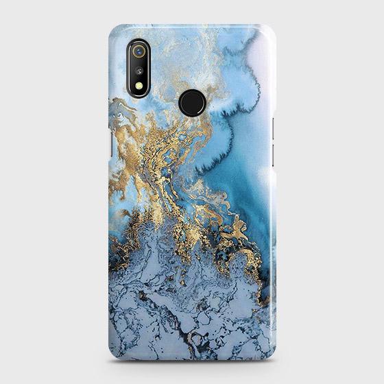 Realme 3 Pro Cover - Trendy Golden & Blue Ocean Marble Printed Hard Case with Life Time Colors Guarantee