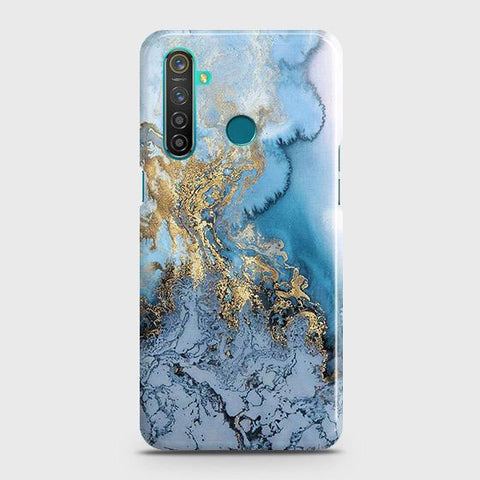 Realme 5 Cover - Trendy Golden & Blue Ocean Marble Printed Hard Case with Life Time Colors Guarantee